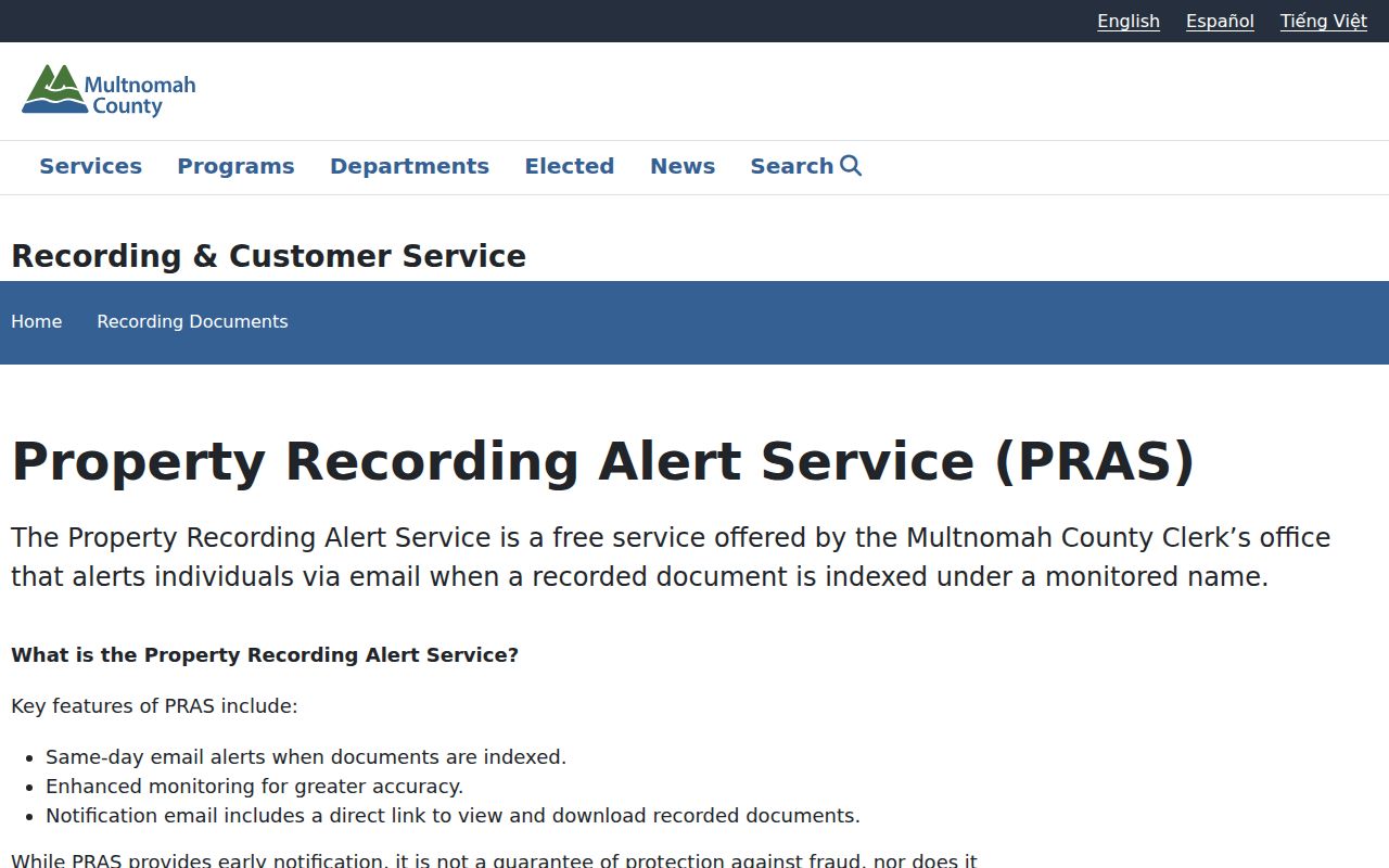 Portland previous residents property recording alert service information